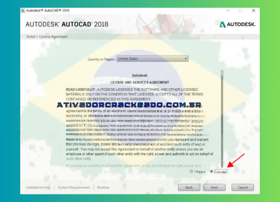 Após selecionar “Aceito”, clique em “Avançar” para iniciar a instalação do AutoCAD 2018.