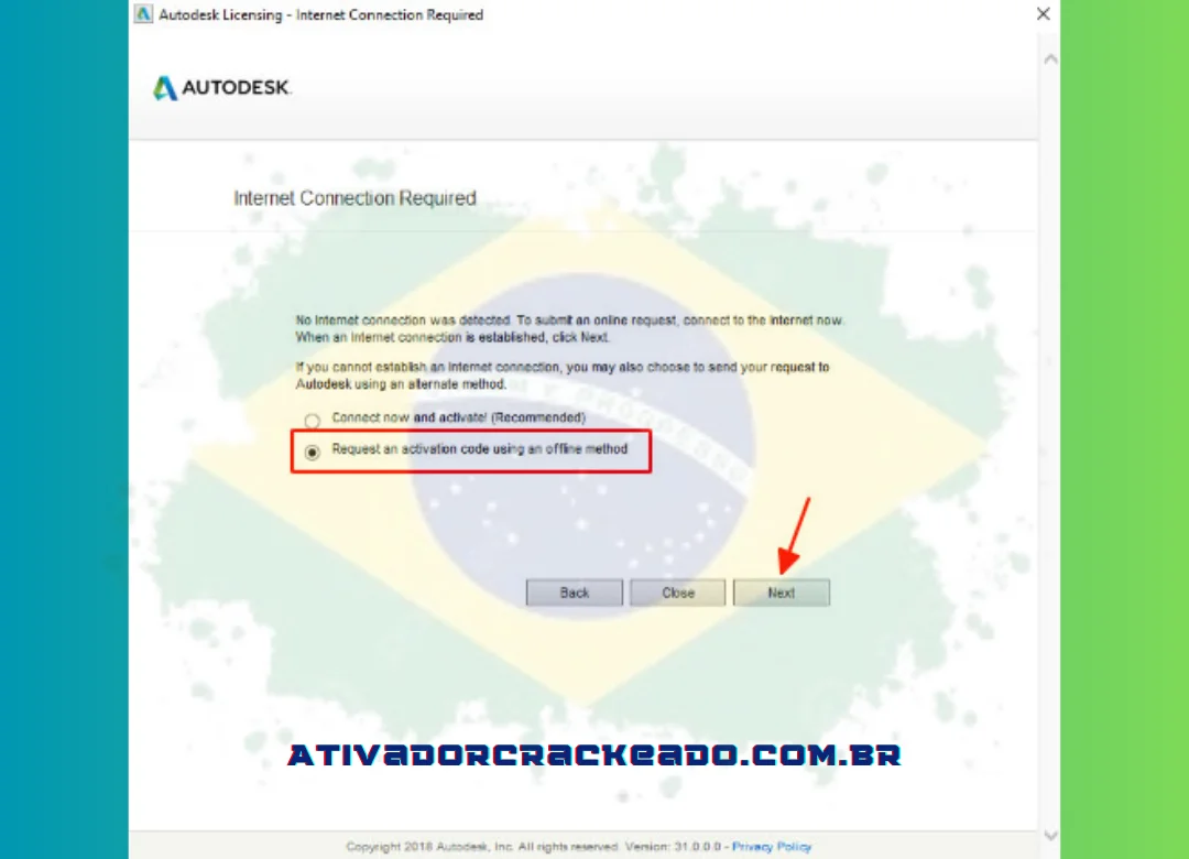 Clique em Avançar após selecionar Solicitar um código de ativação usando um método offline.