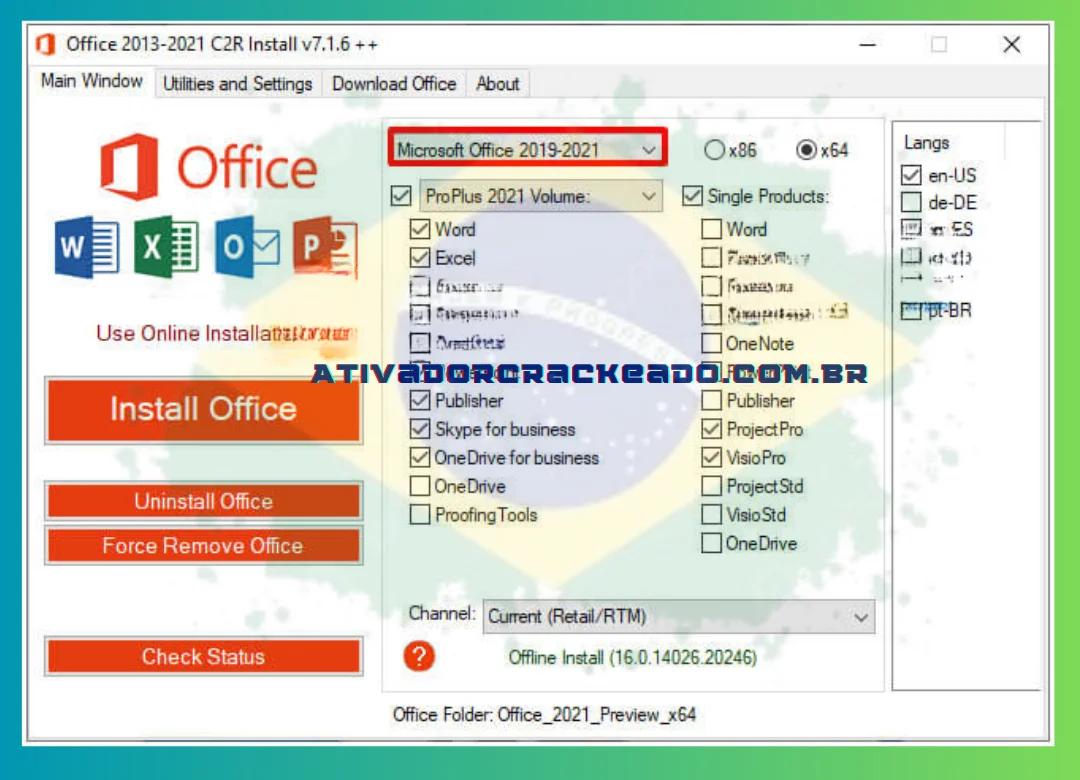 Clique em Instalar Office depois de escolher Microsoft Office 2019–2021 conforme mostrado abaixo.