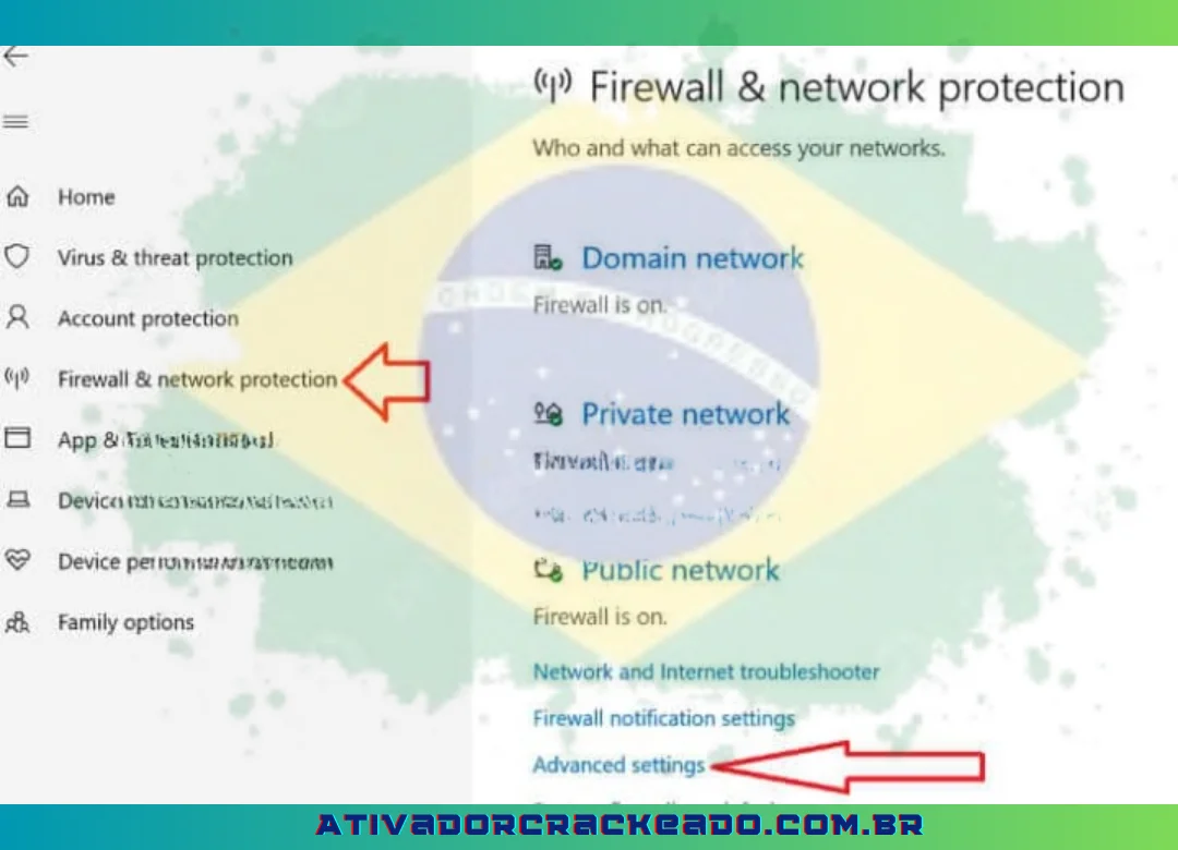 Depois de escolher Firewall e proteção de rede, escolha Opções avançadas.