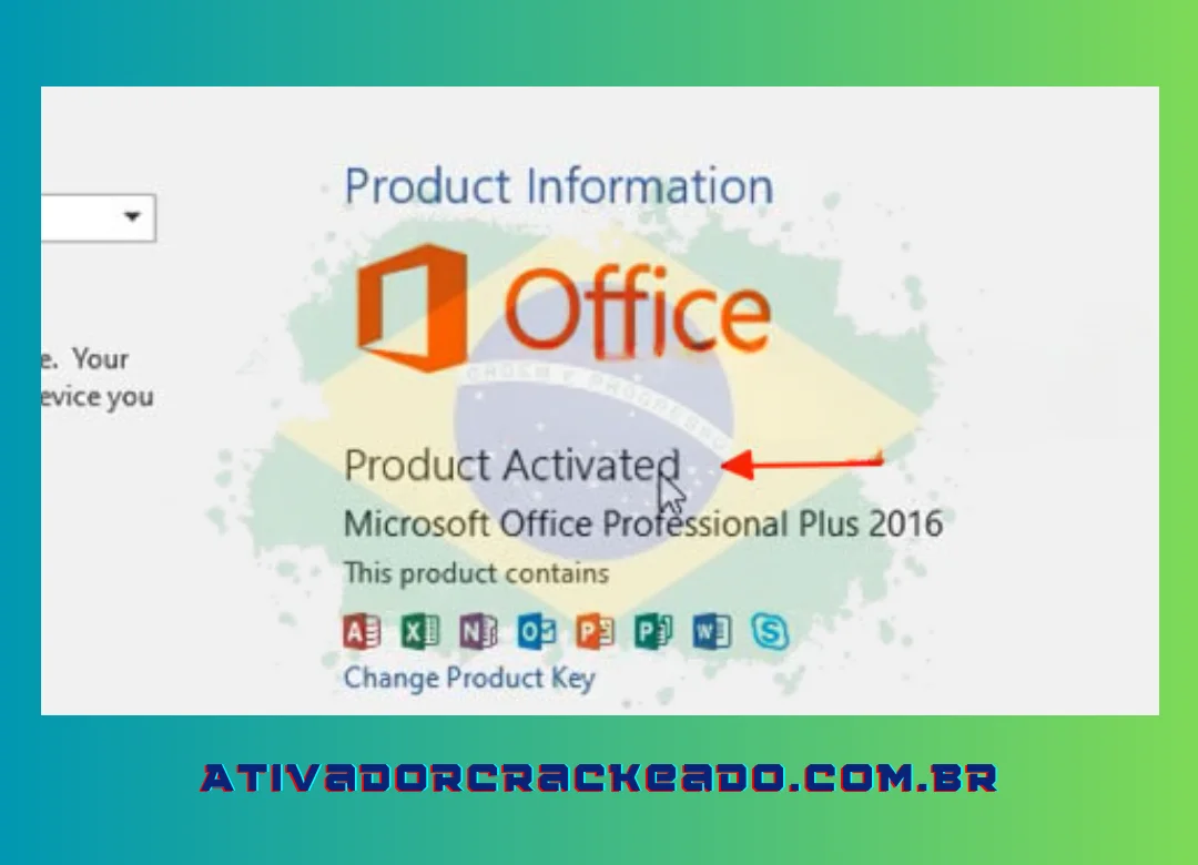 Etapa 4 Produto ativado indica que os aplicativos do pacote de software Office 2016 foram habilitados.