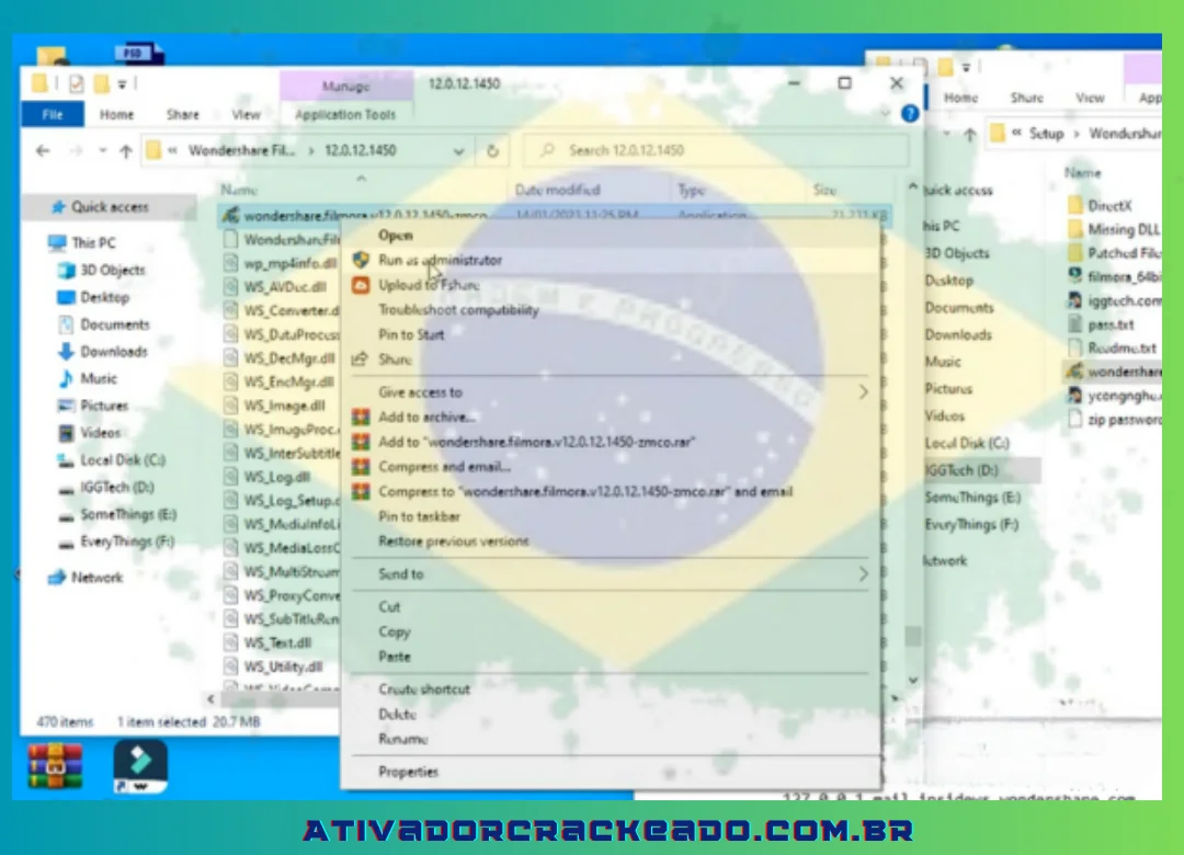 Execute um clique com o botão direito do mouse no arquivo wondershare.filmora. - Para executar como administrador, escolha