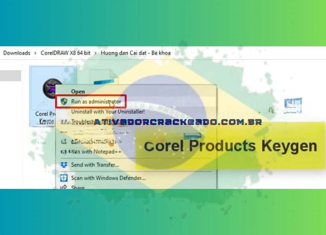 Inicie o Corel X8 Keygen de 6432 bits ⇒ Escolha Utilizar o modo de administrador