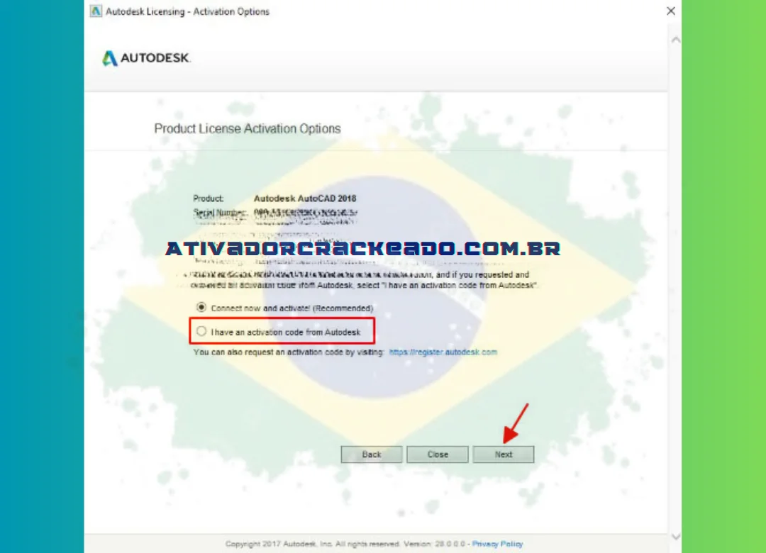 Marque a caixa que diz “Tenho um código de ativação da Autodesk” para inserir a chave do produto CAD 2023