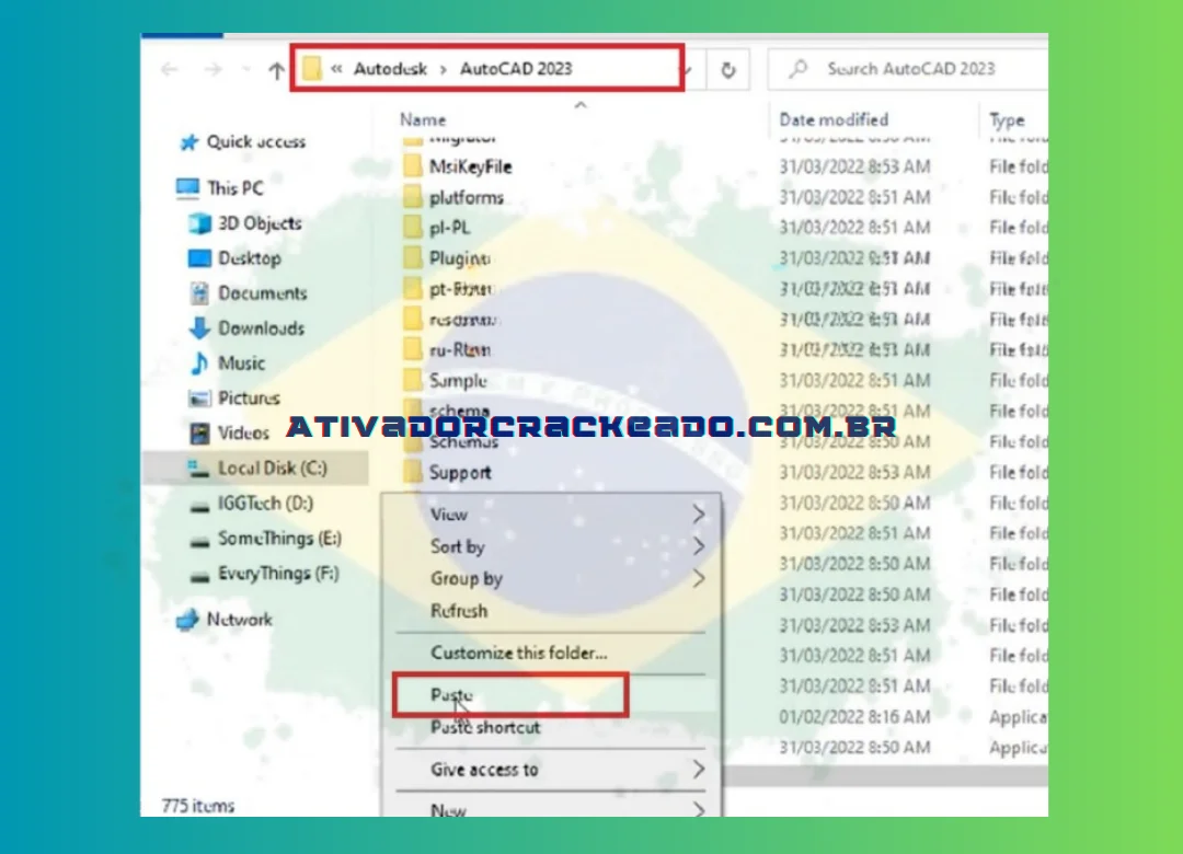 Para colar o arquivo copiado anteriormente, vá para CArquivos de ProgramasAutodeskAutoCAD 2023