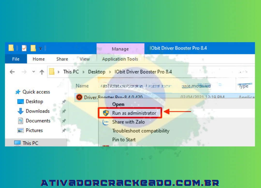 Para iniciar o Driver Booster Pro v8.4.0 build 420, clique com o botão direito e escolha Executar como administrador.