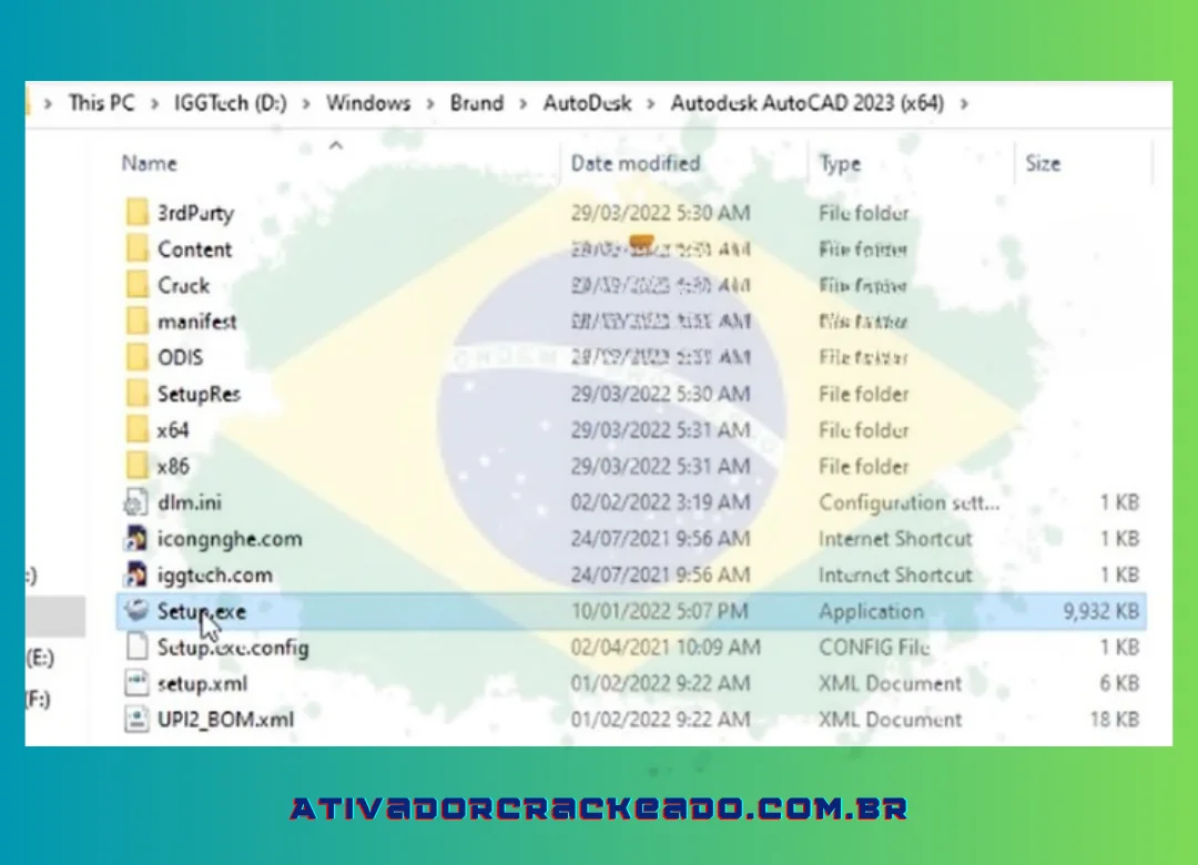 Uma pasta chamada Autodesk AutoCAD 2023 (x64) aparecerá na tela. Para continuar instalando o arquivo, clique em Setup.exe.