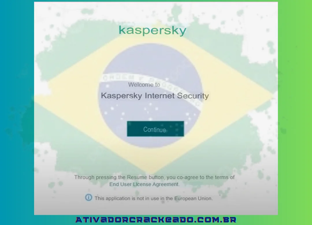 Clique em “Continuar” quando a tela “Bem-vindo ao Kaspersky Internet Security” for exibida, conforme mostrado abaixo.