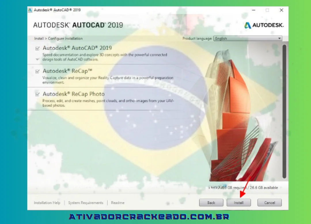 Clique em Instalar depois de escolher onde salvar o arquivo AutoCAD 2019 protegido por direitos autorais.