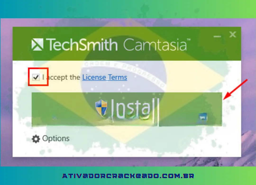 Escolha Clico no botão Instalar para começar a instalar o Camtasia 9 após aceitar os termos da licença.