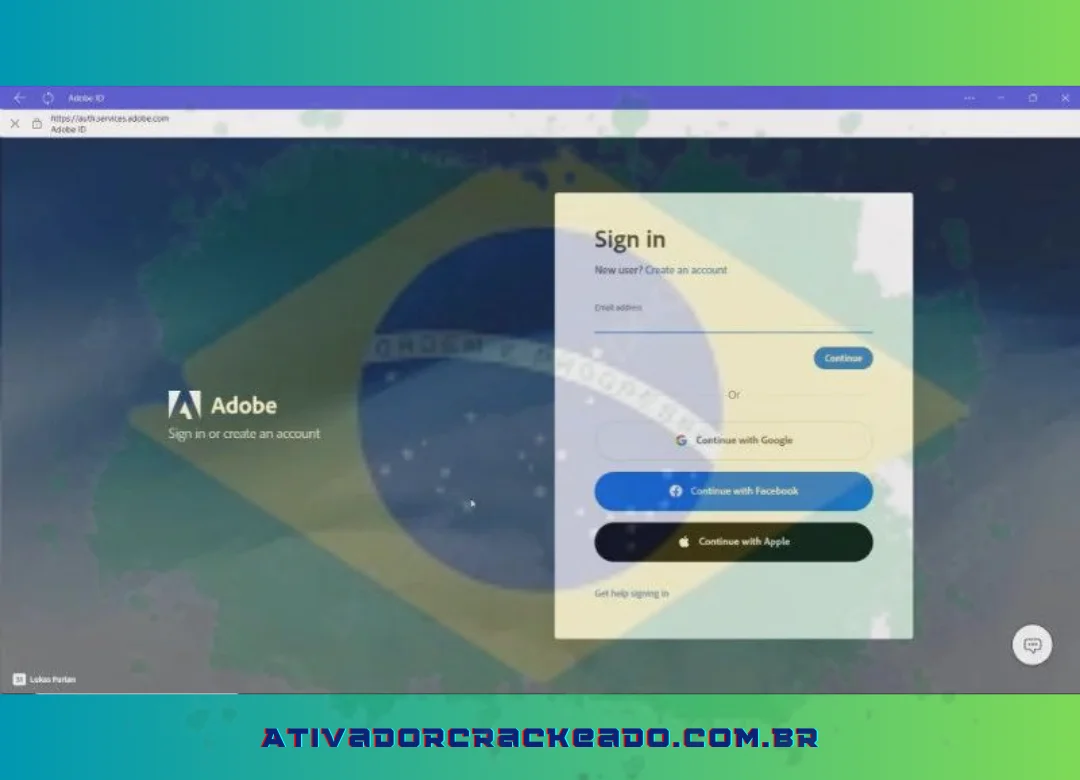 Insira suas informações de login do Facebook, Apple, Google ou Adobe ID para fazer login. Você também pode se registrar com seu endereço de e-mail. (1)