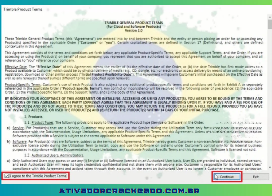 - Marque a caixa informando que você aceita os Termos do Produto Trimble. Selecione “Continuar”.