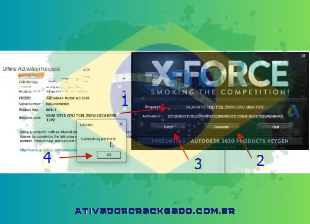 No Autocad 2020, copie o código de solicitação e escolha colocar para colocá-lo na área de solicitação do X-Force (1). Depois de selecionar Gerar (2), clique em Patch (3) para ver a mensagem Patch