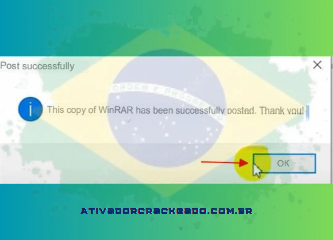 Notificação de WinRAR registrado com sucesso; clique em OK para prosseguir.