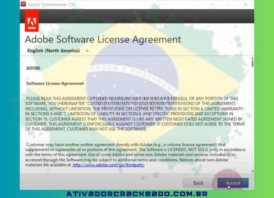 Para aceitar as condições do software, clique em “Aceitar”.