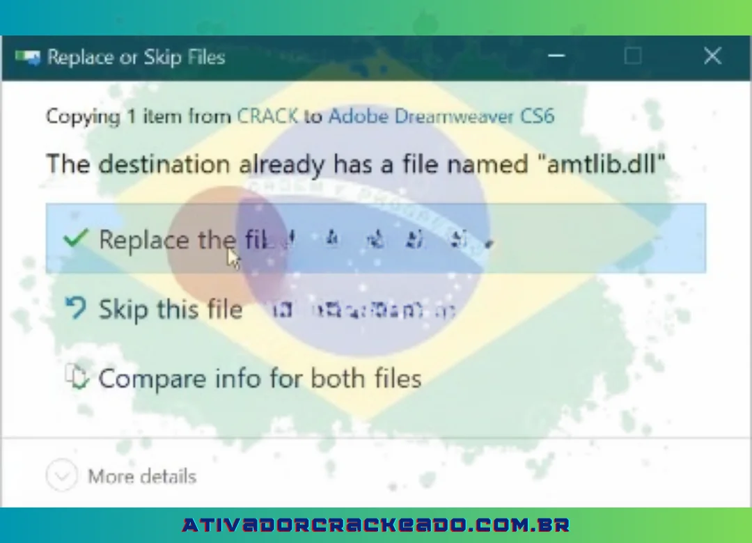 Para garantir que o arquivo seja substituído, clique em “Substituir o arquivo no destino”.