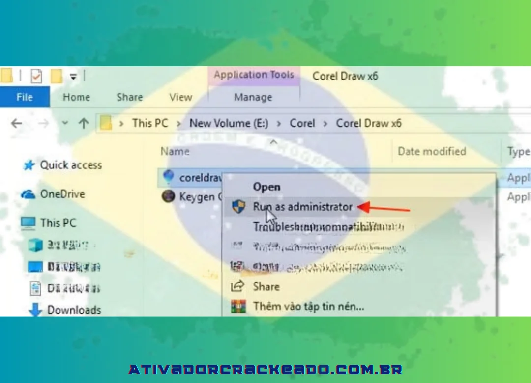 Para o arquivo de configuração do Corel Draw x6, use o menu do botão direito e escolha “Executar como administrador”.