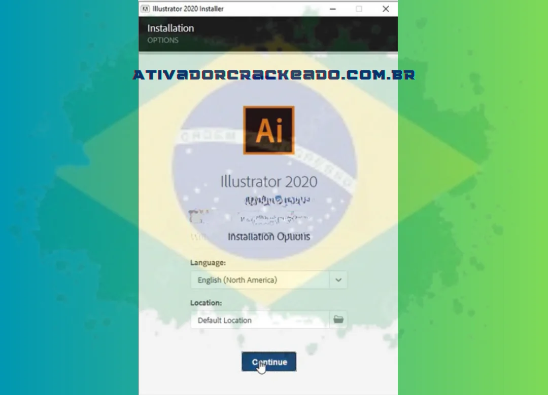 Para prosseguir com a instalação do Illustrator 2020 versão 24.0, clique em Continuar.