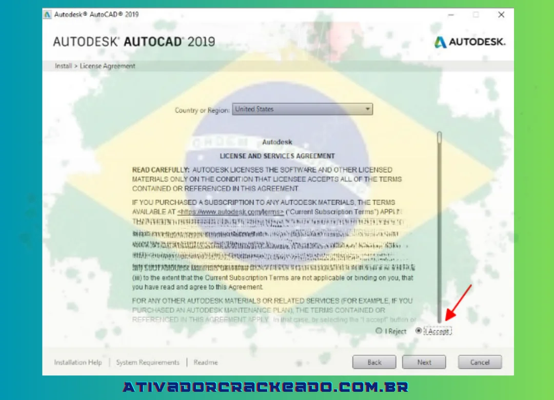 Para prosseguir com a instalação inicial do AutoCAD 2019, escolha Aceito e clique em Avançar.