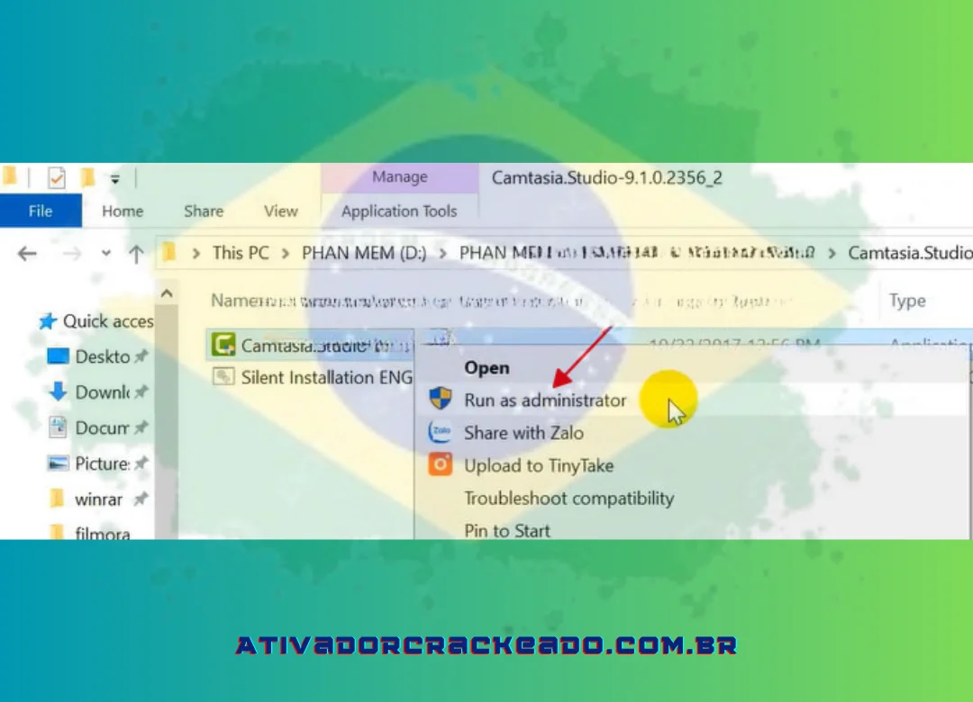 Quando o programa Camtasia 9 for iniciado, clique com o botão direito sobre ele e escolha “Executar como administrador”.