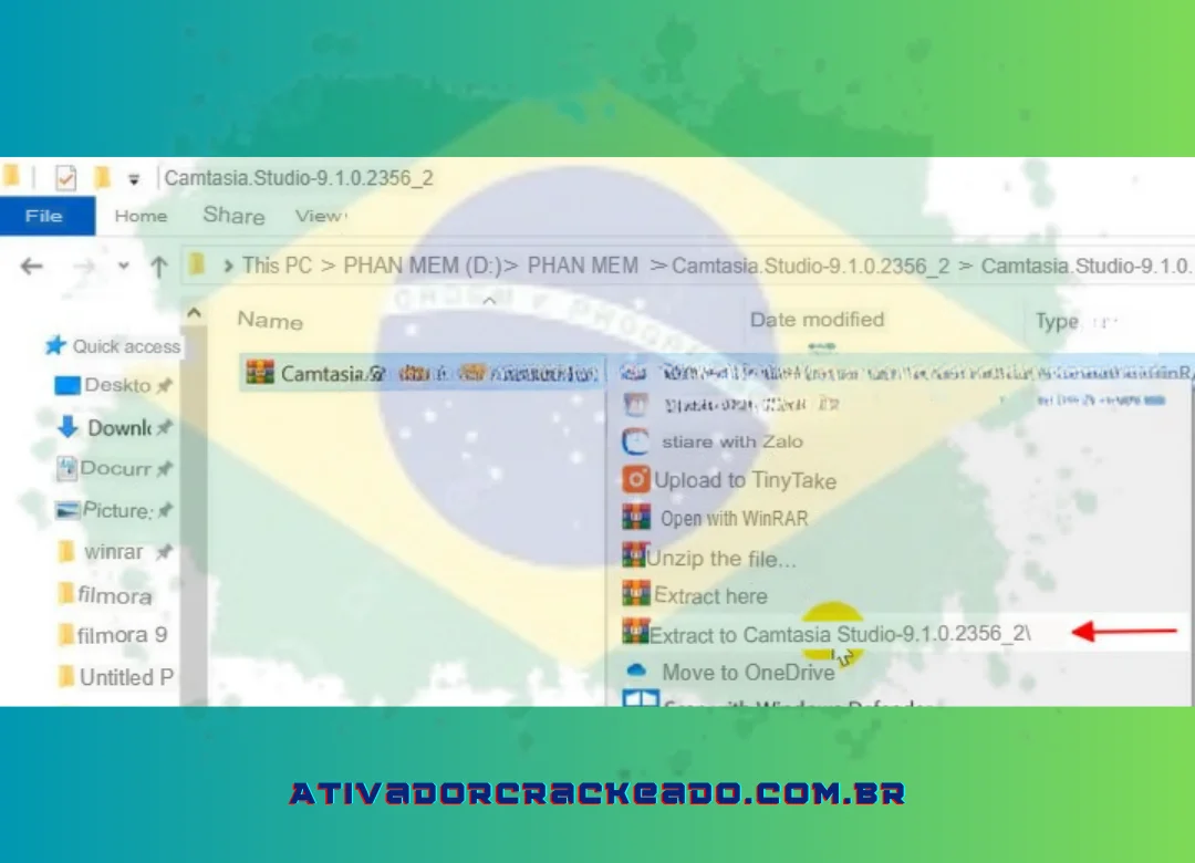 Use o Winrar para extrair o programa Camtasia 9 2020.