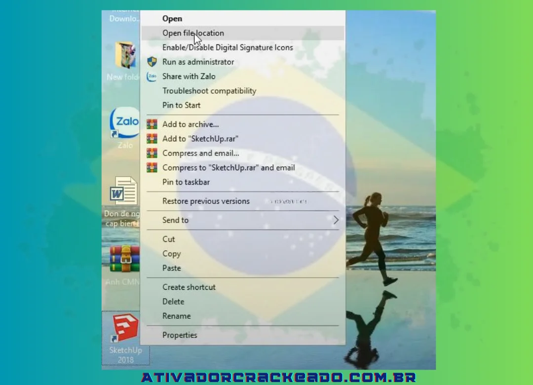 Após sair do programa, clique com o botão direito em SketchUp 2018 e escolha “Abrir local do arquivo” para abrir a pasta.