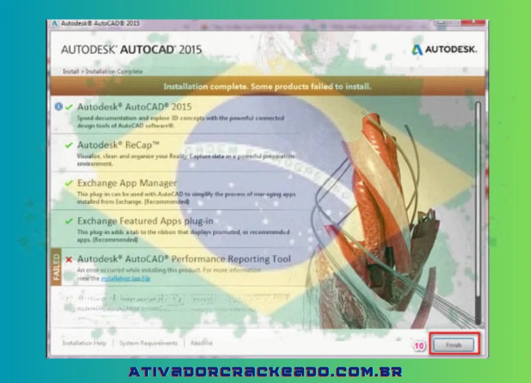 Clique em Concluir assim que o Autodesk AutoCAD 2015 foi instalado.