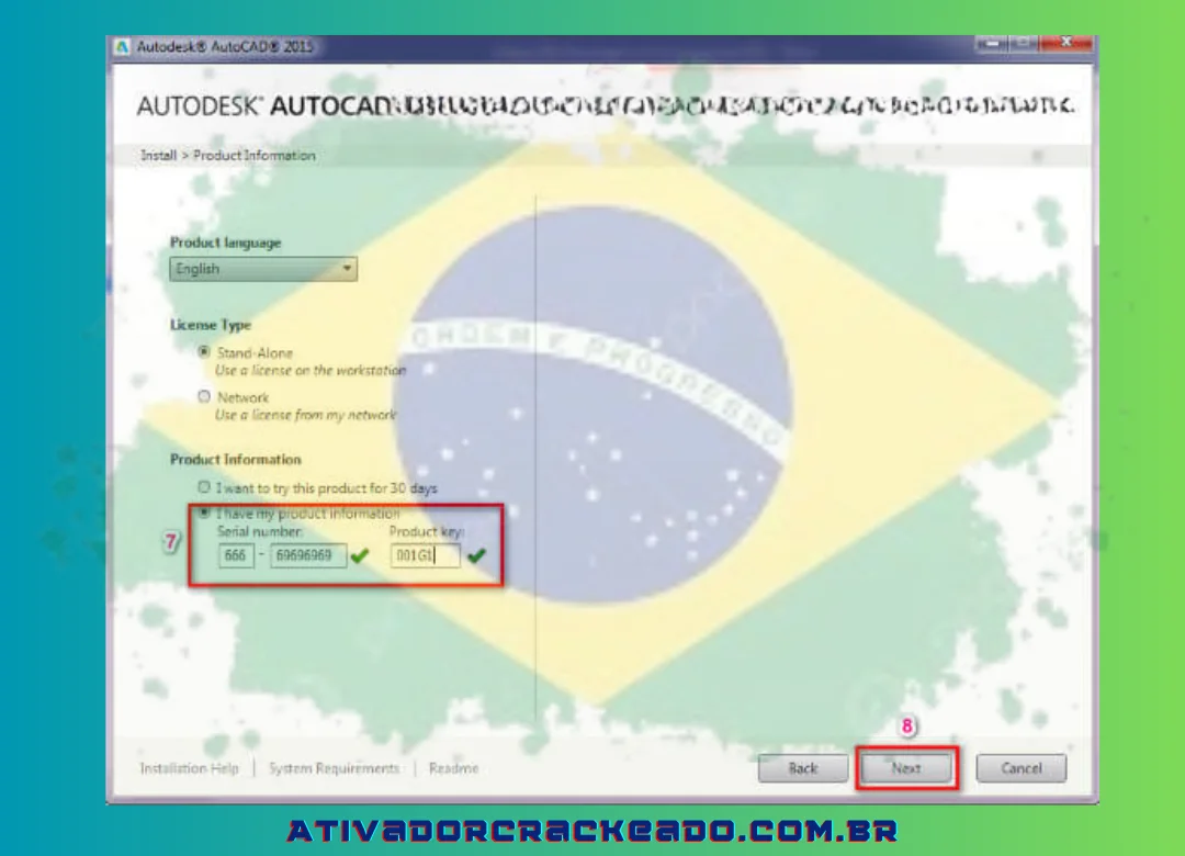 Depois de escolher eu tenho as informações do meu produto, copie e cole o código 666-69696969 no campo Número de série. Digite 001g1 como a chave do produto e clique no botão Avançar.