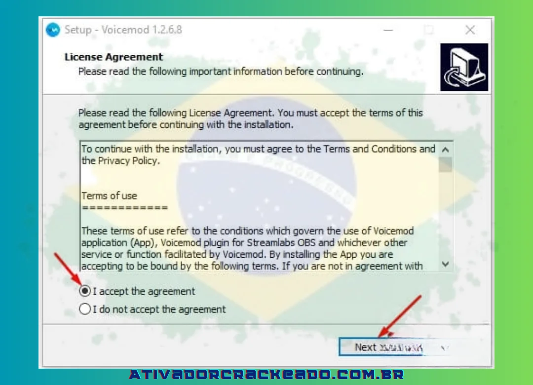 To accept the terms of use, check the “I accept the agreement” box and click “Next” when the new window interface opens.