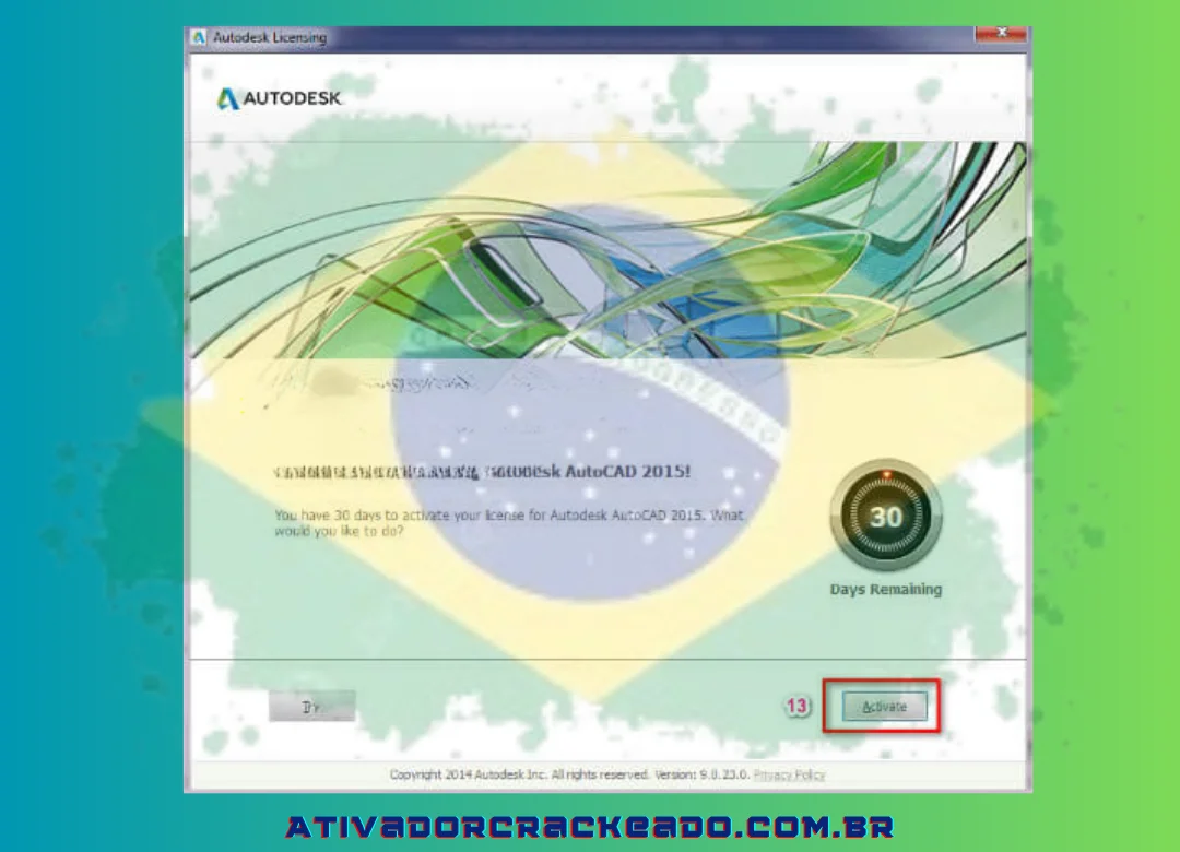 Para ativar o crack completo para o AutoCAD 2015, escolha ativo.