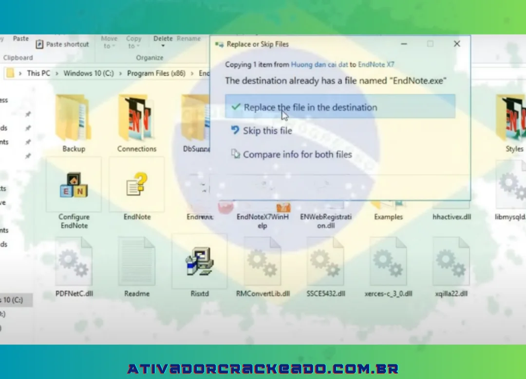 Para confirmar a substituição do arquivo, cole o caminho CProgram File (X86)EndNote x7 e escolha Substituir o arquivo no destino. (1)
