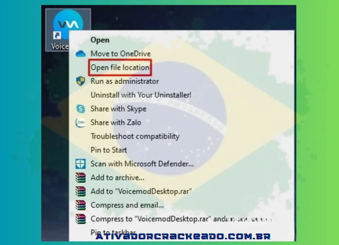 Retorne à tela da área de trabalho, escolha Abrir local do arquivo no menu de contexto ao clicar com o botão direito no ícone do Voicemod Pro.