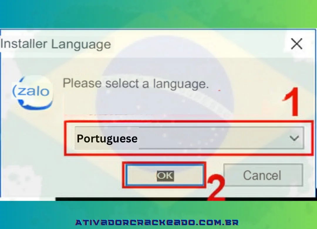 Após escolher seu idioma, clique em OK para instalar o Zalo PC.