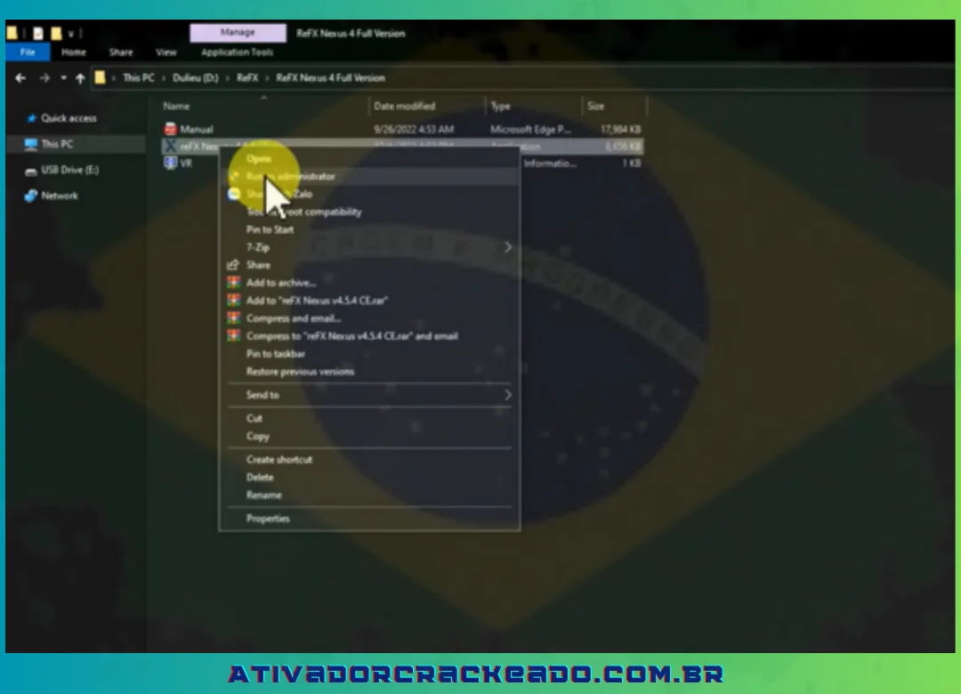 Clique com o botão direito no arquivo reFX Nexus v4.5.4 CE - Para executar como administrador, escolha