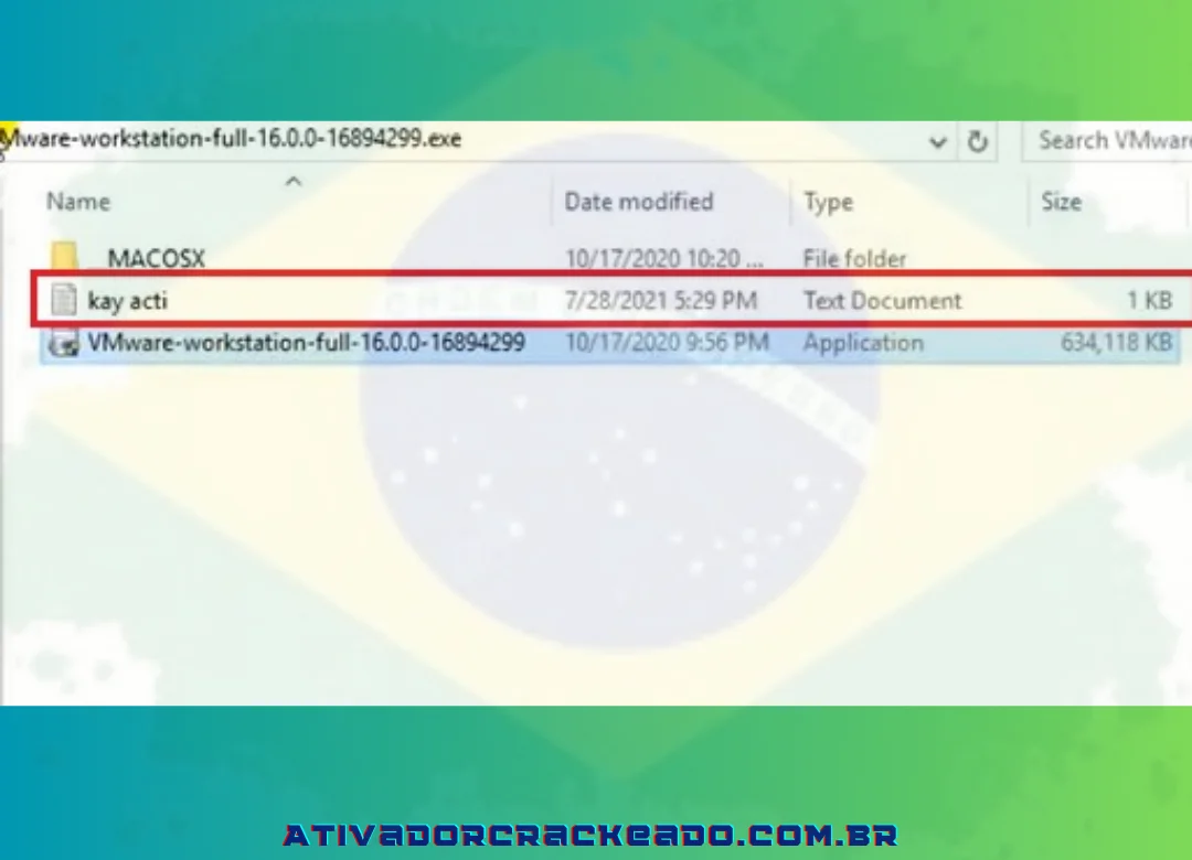 Clique duas vezes para iniciar a pasta descompactada VMware-workstation-full-16.0.0-16894299.exe - Inicie o arquivo kay acti.