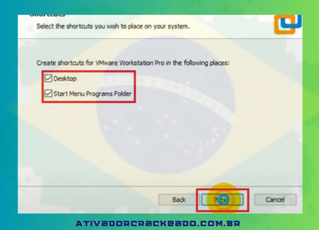 Clique em “Avançar” depois de marcar as caixas “Área de Trabalho” e “Pasta de Programas do Menu Iniciar”.