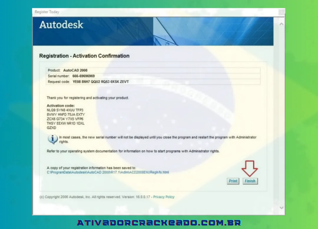 Clique em “Concluir” para concluir quando receber a notificação de que o Autocad 2008 foi registrado com sucesso.