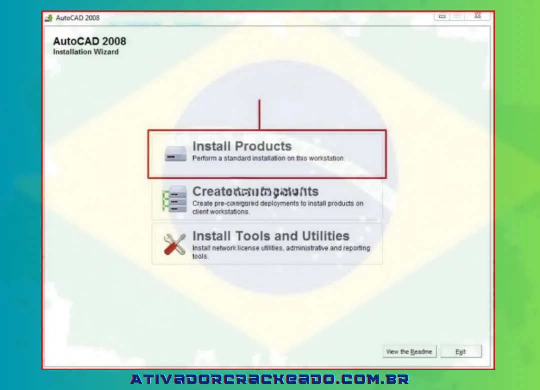 Clique em “Instalar produtos” quando a janela do Autocad 2008 aparecer, conforme mostrado abaixo.