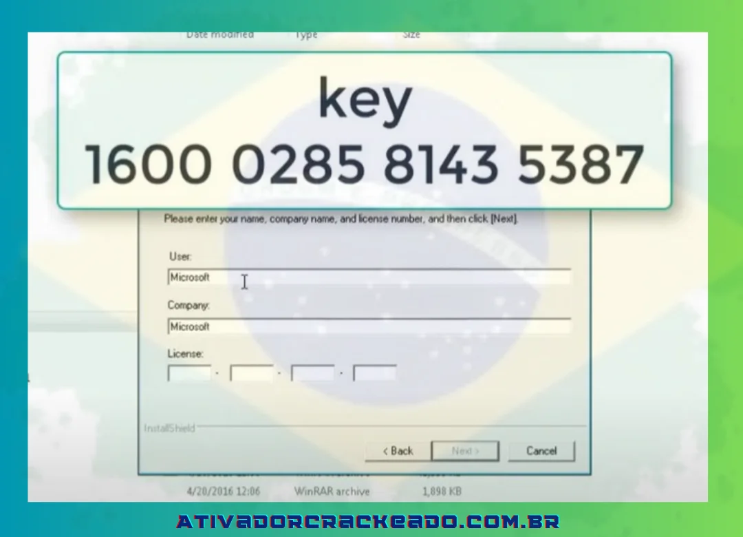 Depois de inserir a chave 1600 0285 8143 5387 e clicar em Next, preencha os campos de usuário e empresa.