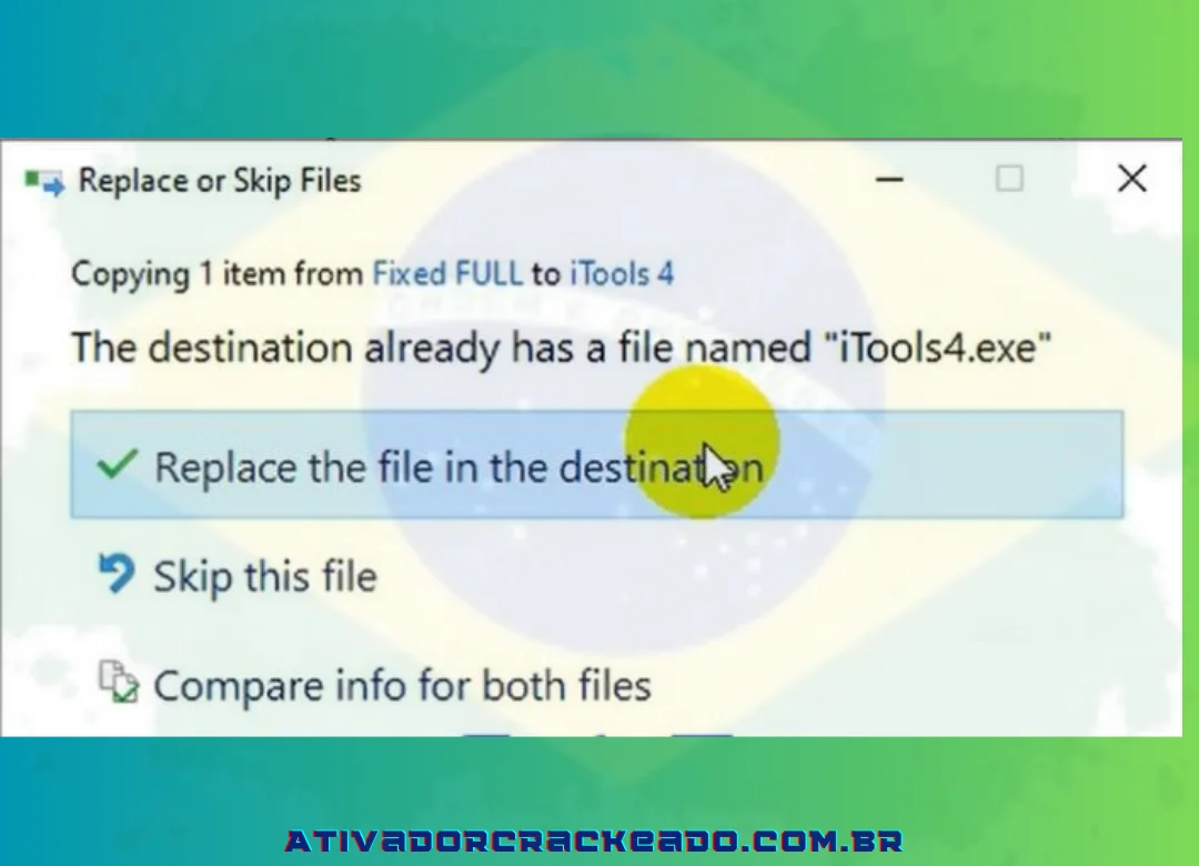 Escolha Continuar substituindo após substituir o arquivo no destino.