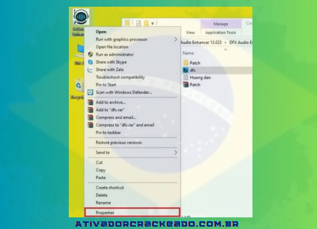 Escolha “Propriedades” clicando com o botão direito do mouse no ícone do programa “FXSound Enhancer”.