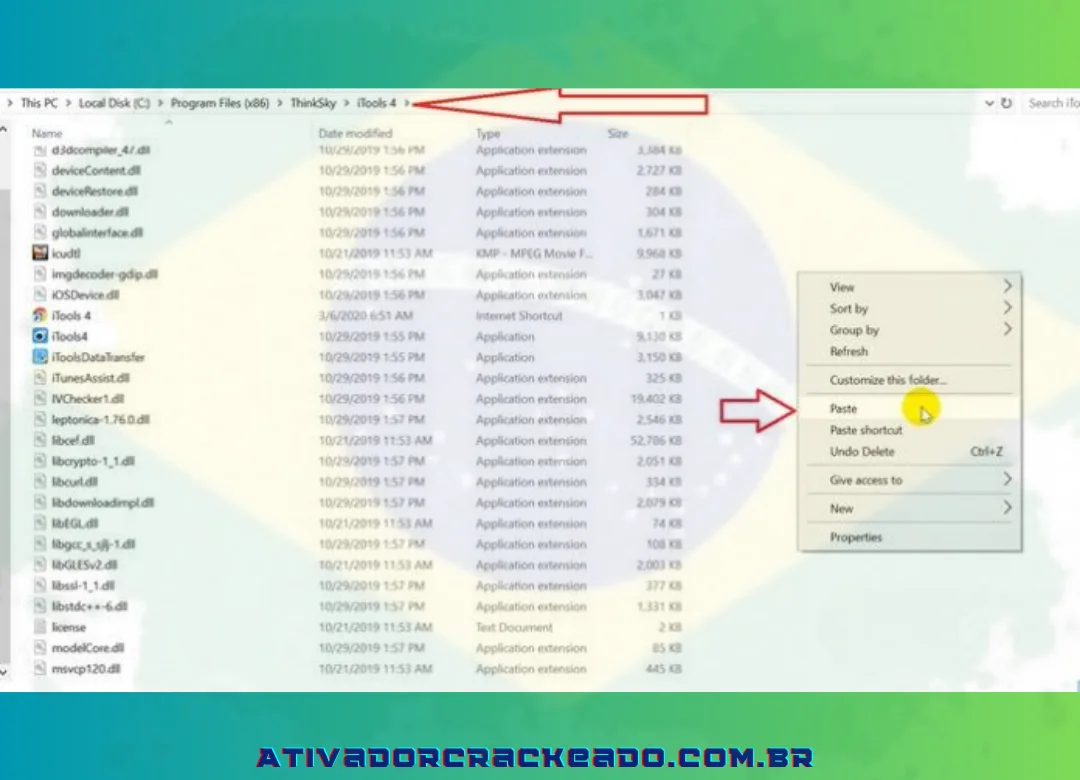 Escolha a pasta Crack = Copie e cole o arquivo do carregador no caminho de instalação do iTools 4.