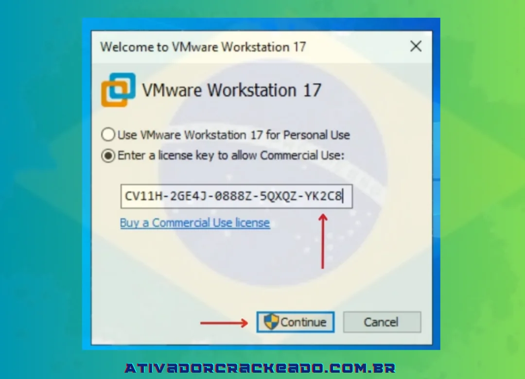 Inicie o VMware Workstation, insira a chave de licença e escolha “Continuar”.