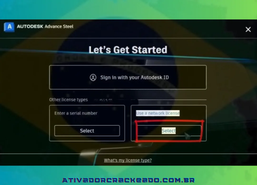 Inicie o programa Advance Steel 2023 e escolha “Usar uma licença de rede” clicando em “Selecionar”.