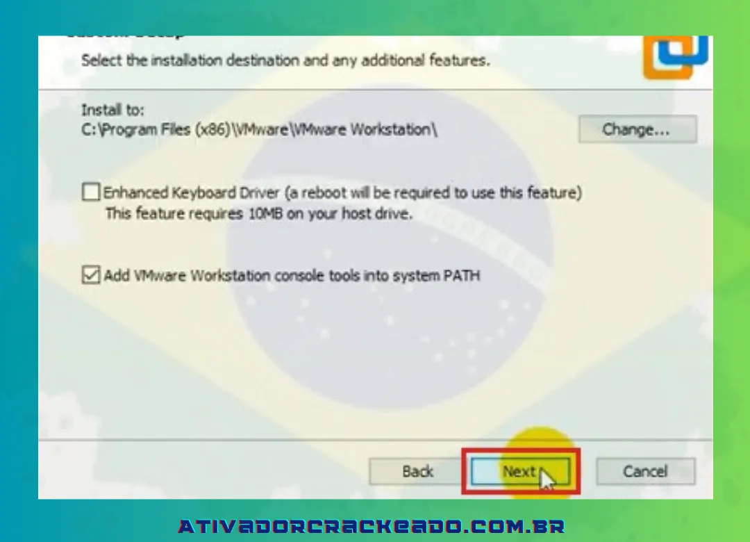 Na caixa Adicionar ferramentas do console do VMware Workstation ao PATH do sistema, clique na caixa de seleção. Pressione “Avançar”.