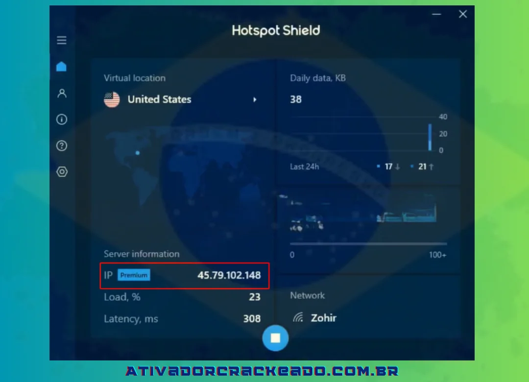 O Shield Key Hotspot é ativado por padrão, e o IP Premium é o seguinte.