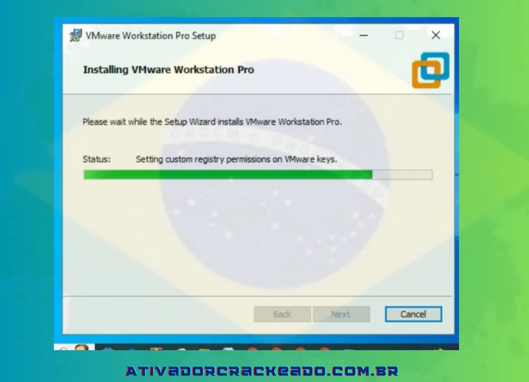 O VMware Workstation Pro está em processo de instalação e pode levar alguns minutos para concluir a instalação.