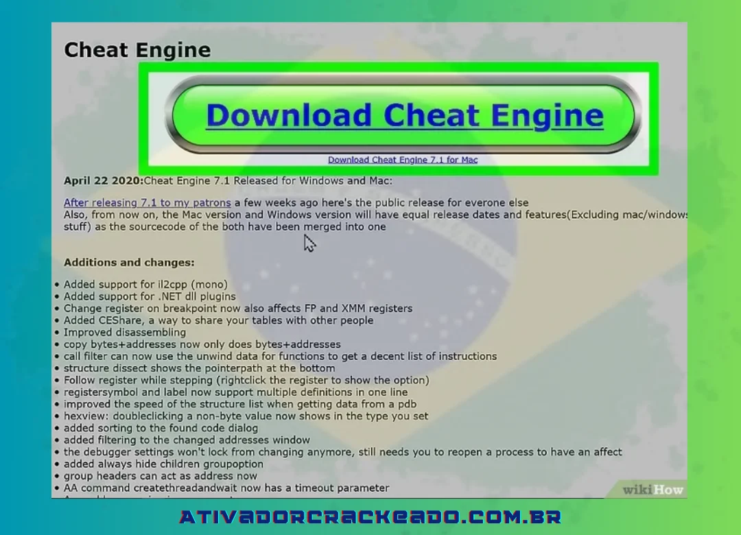 Para baixar o Cheat Engine, clique em. O link é grande e está localizado no centro da página. (