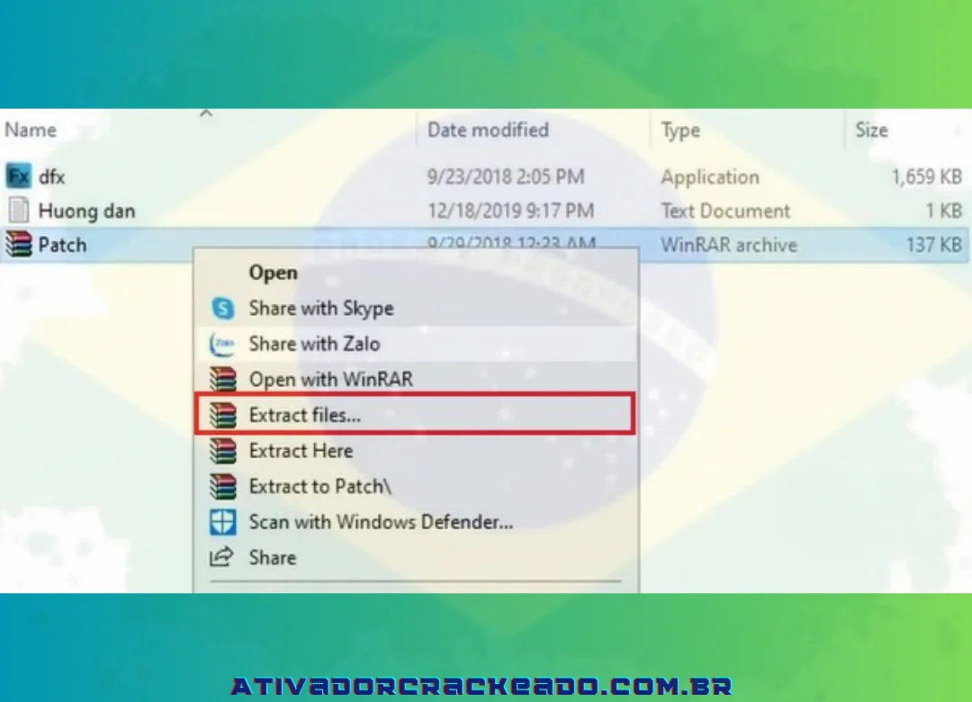 Para extrair o arquivo Patch, use o menu do botão direito. Escolha Extrair arquivos...