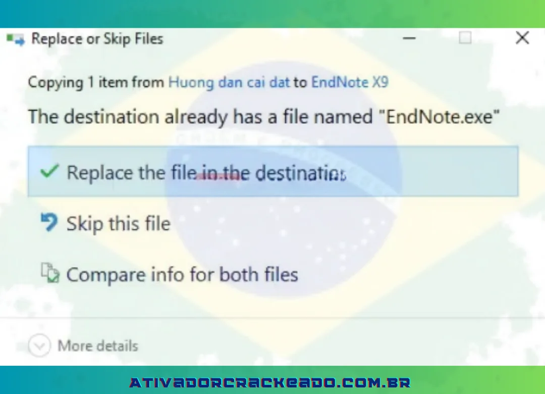 Para garantir que o arquivo seja substituído, clique em “Substituir o arquivo no destino”.